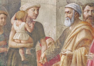Detail van St. Peter en de vrouw en kind, uit St. Peter en St. Paul die aalmoezen uitdelen, ca. 1426 (detail) door Tommaso Masaccio
